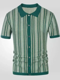 Polo T-Shirt À Revers Homme Rayé Manches Courtes Simple Boutonnage Décontracté