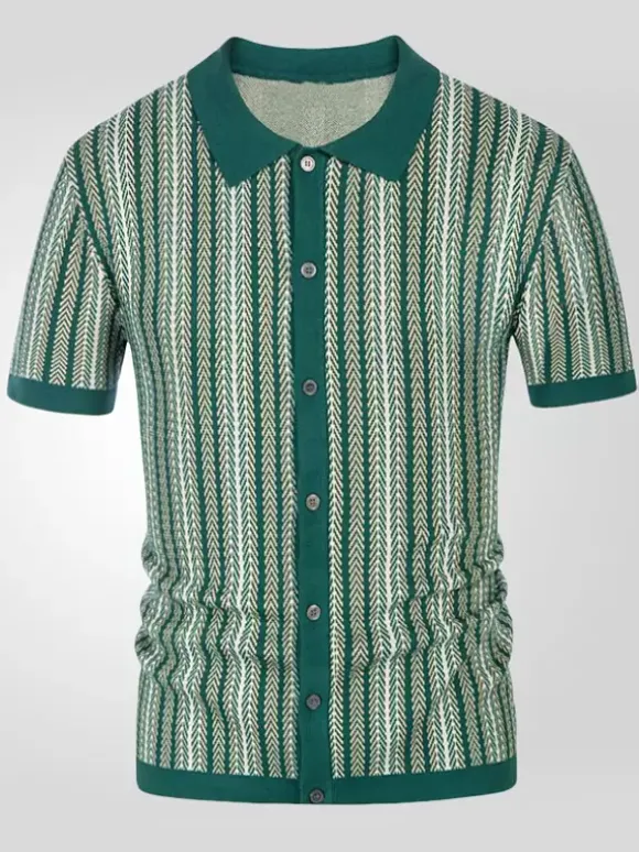 Polo T-Shirt À Revers Homme Rayé Manches Courtes Simple Boutonnage Décontracté