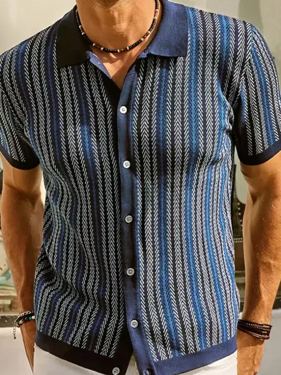 Polo T-Shirt À Revers Homme Rayé Manches Courtes Simple Boutonnage Décontracté