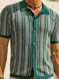 Polo T-Shirt À Revers Homme Rayé Manches Courtes Simple Boutonnage Décontracté