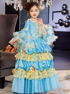 Polyester Fiber Tea Party Ruffles Manches 3/4 Robe en polyester ROCOCO Style Blue Kids  'Lolita Robes