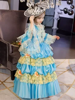 Polyester Fiber Tea Party Ruffles Manches 3/4 Robe en polyester ROCOCO Style Blue Kids  'Lolita Robes