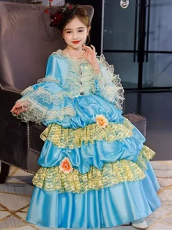 Polyester Fiber Tea Party Ruffles Manches 3/4 Robe en polyester ROCOCO Style Blue Kids  'Lolita Robes
