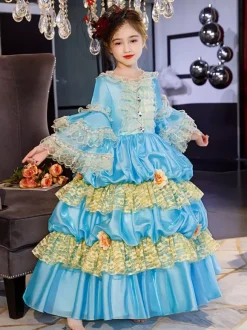 Polyester Fiber Tea Party Ruffles Manches 3/4 Robe en polyester ROCOCO Style Blue Kids  'Lolita Robes