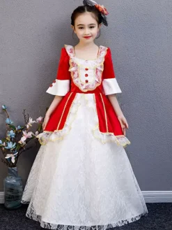 Polyester Fibre Tea Party Dentelle Manches 3/4 Polyester Combinaison ROCOCO Style Rouge Enfants  'Lolita Robes