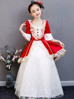 Polyester Fibre Tea Party Dentelle Manches 3/4 Polyester Combinaison ROCOCO Style Rouge Enfants  'Lolita Robes