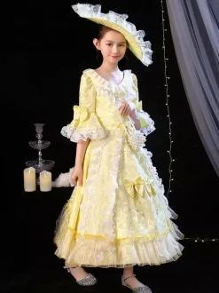 Polyester Fiber Tea Party Bows Manches 3/4 Polyester Combinaison ROCOCO Style Blond Kids  'Lolita Robes
