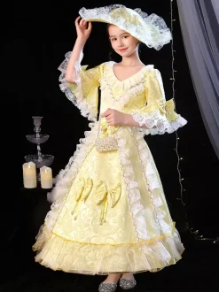 Polyester Fiber Tea Party Bows Manches 3/4 Polyester Combinaison ROCOCO Style Blond Kids  'Lolita Robes