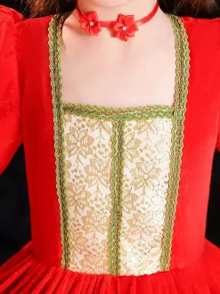 Polyester Fiber Tea Party Dentelle Manches 3/4 Polyester Robe Gothique Rouge Enfants  'Lolita Robes