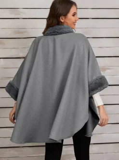 Poncho à col montant femme cape asymétrique kaki en fausse fourrure
