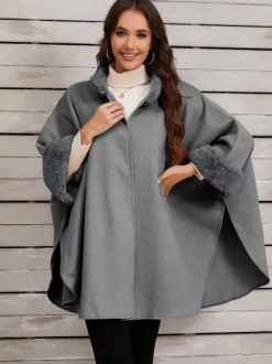 Poncho à col montant femme cape asymétrique kaki en fausse fourrure