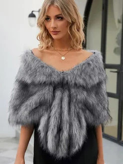 Poncho Femme Col Bateau Cape Fausse Fourrure Kaki