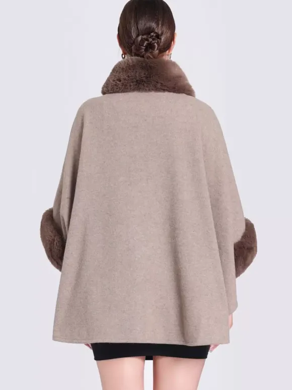 Poncho Femme Col Montant Cape Oversize Fausse Fourrure Gris Clair