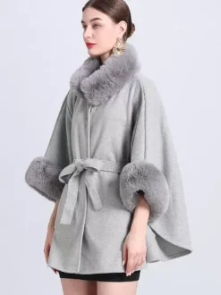 Poncho Femme Col Montant Cape Oversize Fausse Fourrure Gris Clair