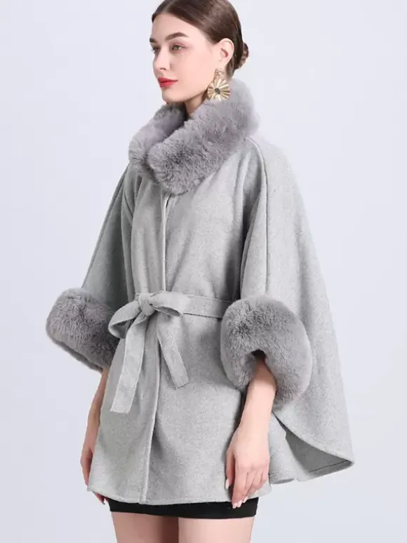 Poncho Femme Col Montant Cape Oversize Fausse Fourrure Gris Clair