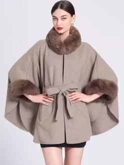 Poncho Femme Col Montant Cape Oversize Fausse Fourrure Gris Clair