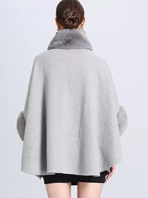 Poncho Femme Col Montant Cape Oversize Fausse Fourrure Gris Clair