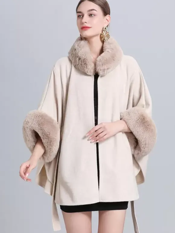 Poncho Femme Col Montant Cape Oversize Fausse Fourrure Gris Clair