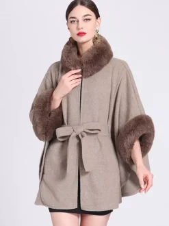 Poncho Femme Col Montant Cape Oversize Fausse Fourrure Gris Clair