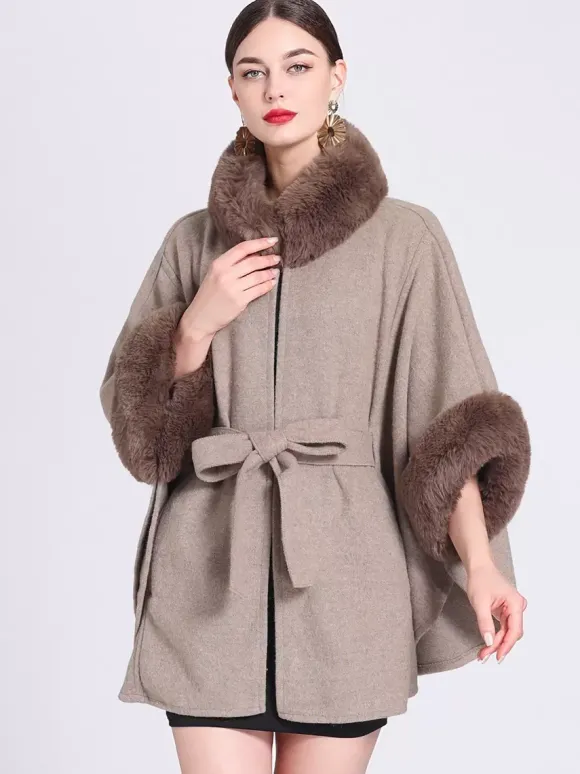 Poncho Femme Col Montant Cape Oversize Fausse Fourrure Gris Clair