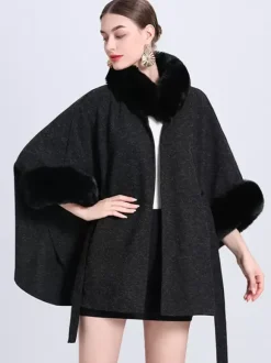 Poncho Femme Col Montant Cape Oversize Fausse Fourrure Gris Clair