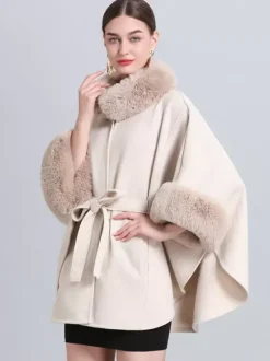 Poncho Femme Col Montant Cape Oversize Fausse Fourrure Gris Clair
