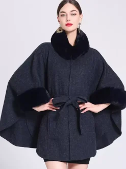 Poncho Femme Col Montant Cape Oversize Fausse Fourrure Gris Clair