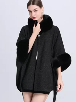 Poncho Femme Col Montant Cape Oversize Fausse Fourrure Gris Clair