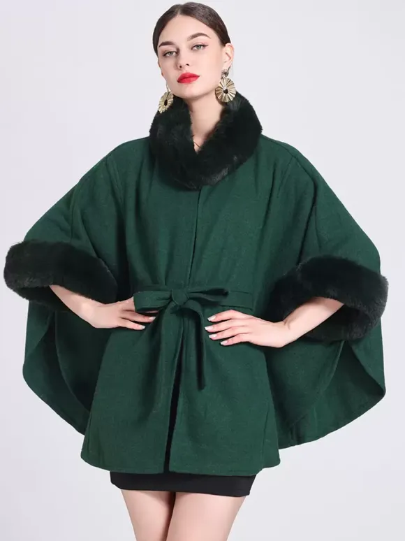 Poncho Femme Col Montant Cape Oversize Fausse Fourrure Gris Clair