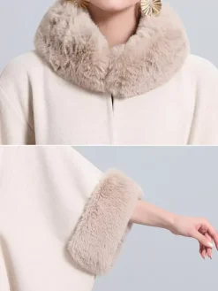 Poncho Femme Col Montant Cape Oversize Fausse Fourrure Gris Clair