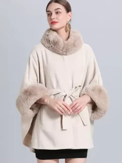 Poncho Femme Col Montant Cape Oversize Fausse Fourrure Gris Clair