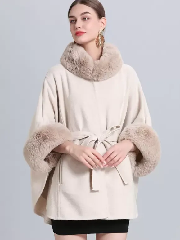 Poncho Femme Col Montant Cape Oversize Fausse Fourrure Gris Clair