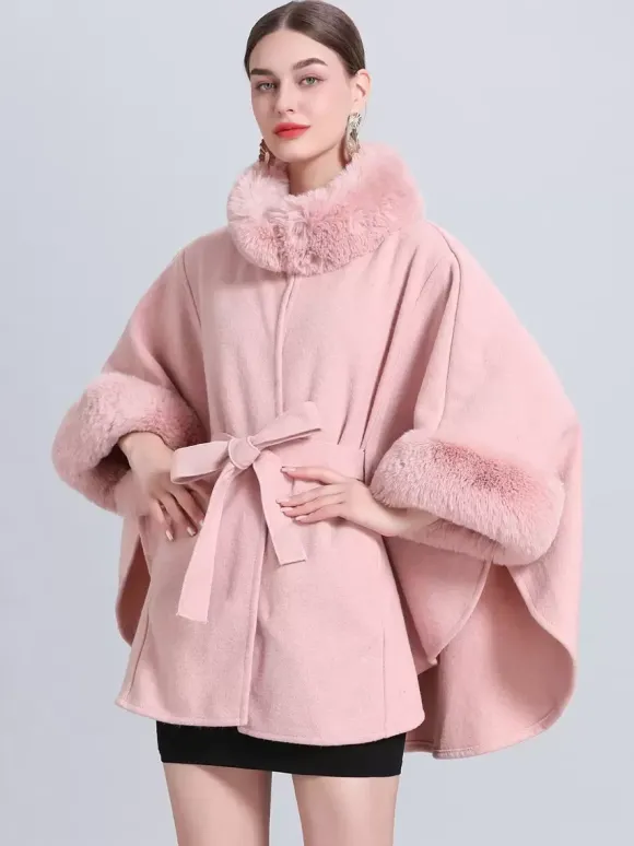 Poncho Femme Col Montant Cape Oversize Fausse Fourrure Gris Clair