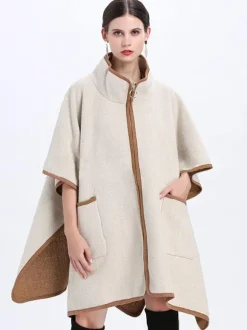 Poncho Femme Manteau Bicolore Col Montant Beige Chaud Cape