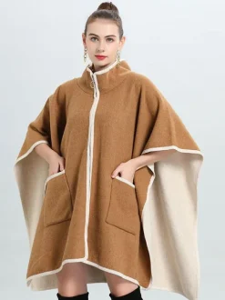 Poncho Femme Manteau Bicolore Col Montant Beige Chaud Cape