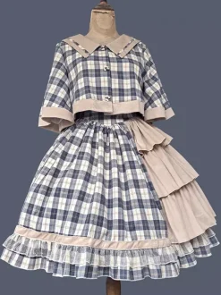 Poncho Lolita classique Infanta en coton bleu ciel clair avec n艙uds et carreaux vêtements d'extérieur Lolita d'automne