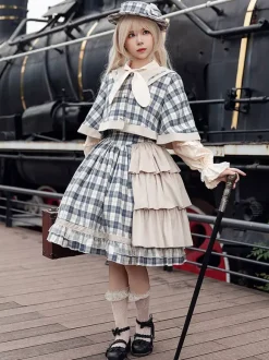 Poncho Lolita classique Infanta en coton bleu ciel clair avec n艙uds et carreaux vêtements d'extérieur Lolita d'automne