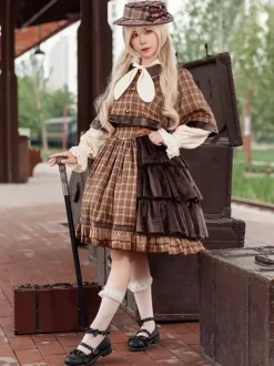 Poncho Lolita classique Infanta en coton bleu ciel clair avec n艙uds et carreaux vêtements d'extérieur Lolita d'automne