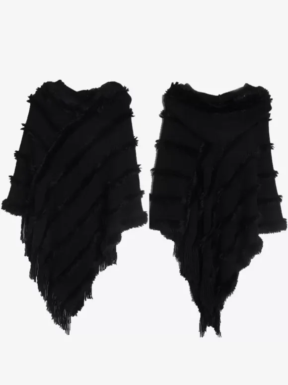 Poncho à capuche pour femme Cape à franges surdimensionnée verte