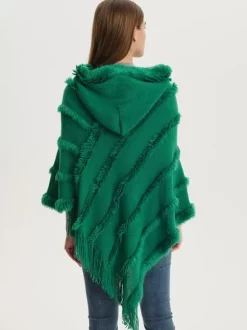 Poncho à capuche pour femme  Cape à franges surdimensionnée verte