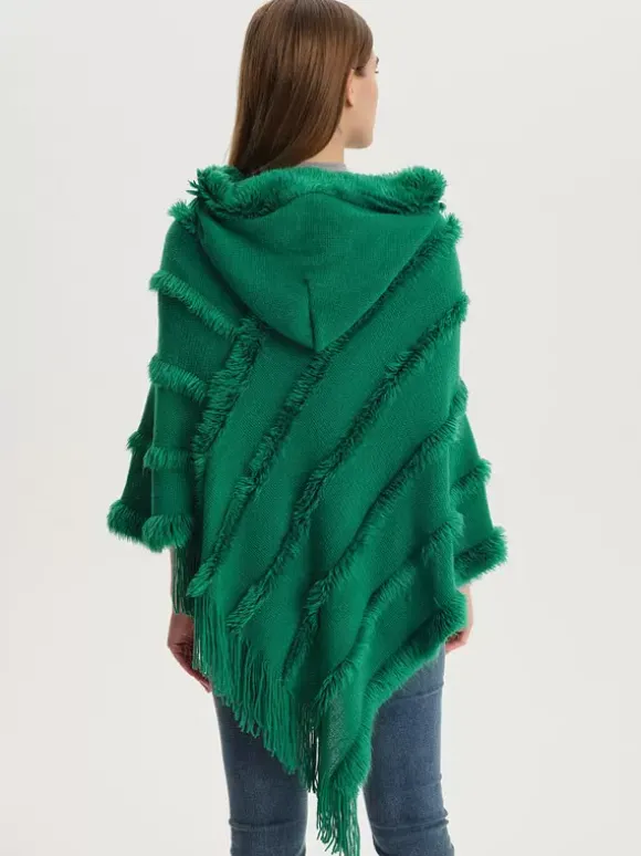 Poncho à capuche pour femme Cape à franges surdimensionnée verte