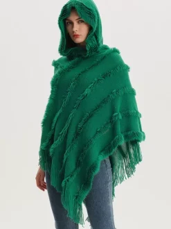 Poncho à capuche pour femme Cape à franges surdimensionnée verte