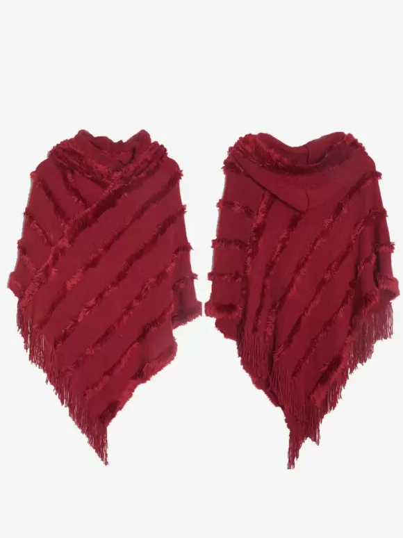 Poncho à capuche pour femme Cape à franges surdimensionnée verte