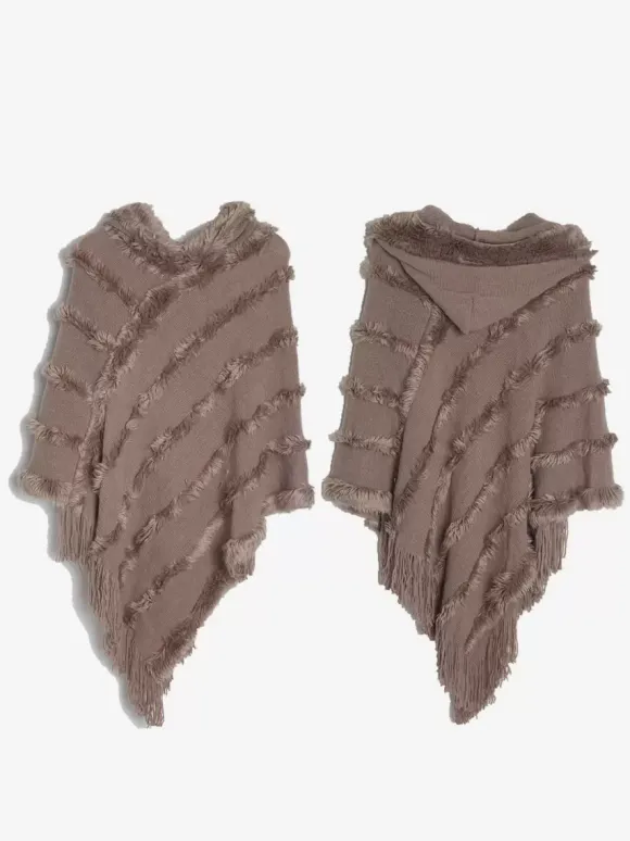 Poncho à capuche pour femme Cape à franges surdimensionnée verte