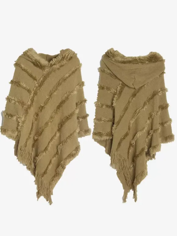 Poncho à capuche pour femme Cape à franges surdimensionnée verte