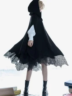 Poncho gothique Lolita en polyester noir Poncho d'hiver Lolita Cape Outwears