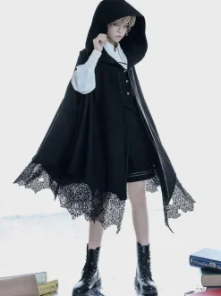 Poncho gothique Lolita en polyester noir Poncho d'hiver Lolita Cape Outwears