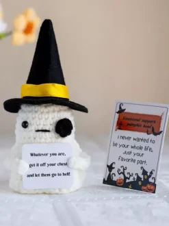 Poupée tête de citrouille tricotée à la main pour Halloween décoration de table avec chapeau amovible et carte-cadeau Amigurumi