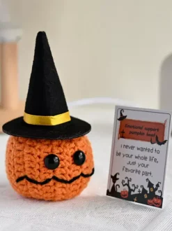Poupée tête de citrouille tricotée à la main pour Halloween décoration de table avec chapeau amovible et carte-cadeau Amigurumi