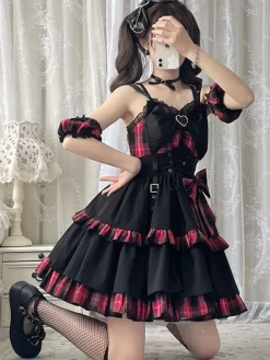 Pré-vente Style idole Lolita JSK à carreaux sans manches volants à lacets lolita jupe